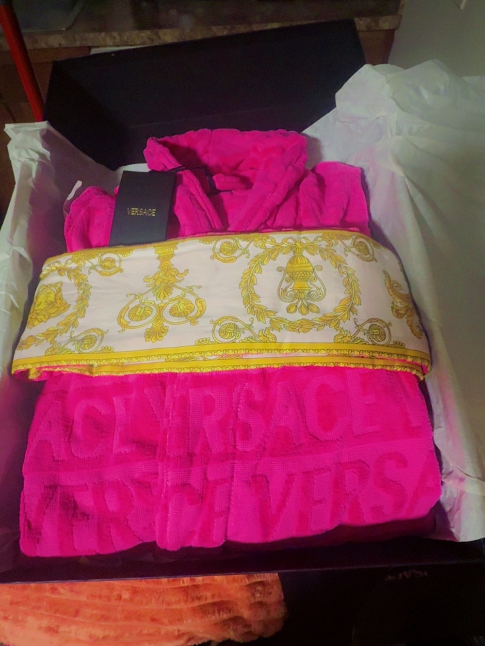 Versace Pink Logo Robe with Gold Baroque Sash